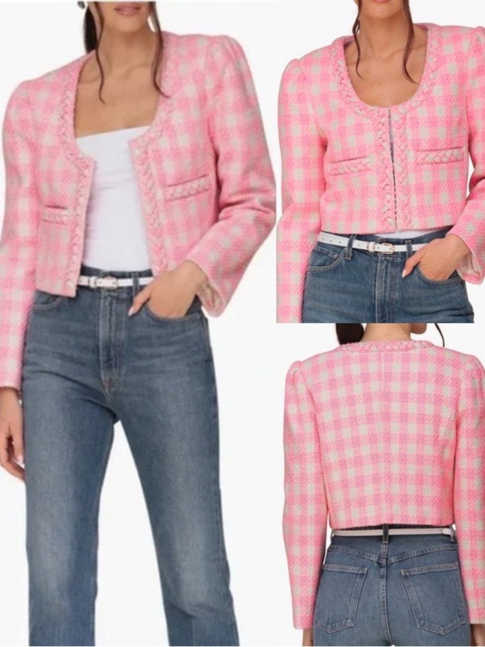 Avec Les Filles Womens Blogger Fave Pink Gingham Cropped Bouclé Jacket Size L